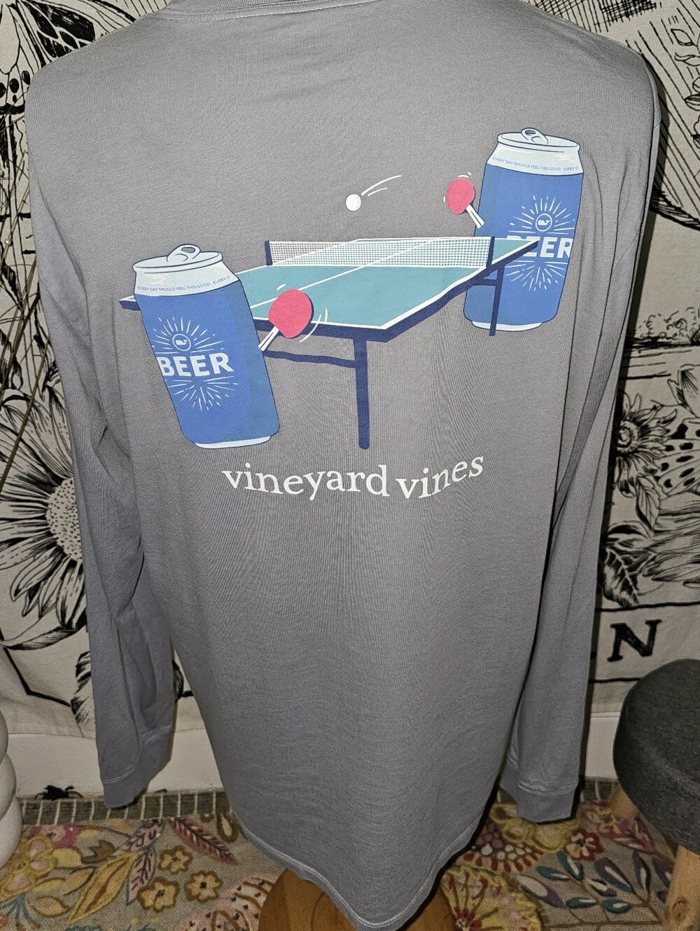Vineyard Vines Light Gray Long-Sleeve Pocket Tee Beer & Ping Pong Graphic Large
